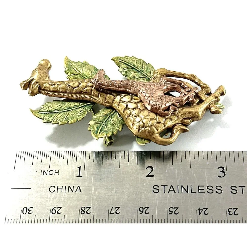 Vintage Giraffe Brooch Pin Mother Baby Safari Gold Tone Green Enamel 3”